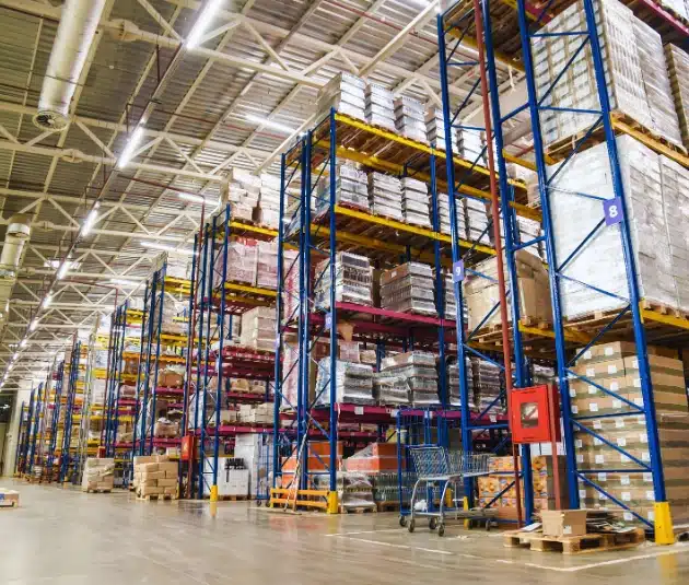 Shelves stacked with merchandise at a big box store. When someone is injured in a store like this, a Lowes injury lawyer in Clermont, Florida can offer assistance.